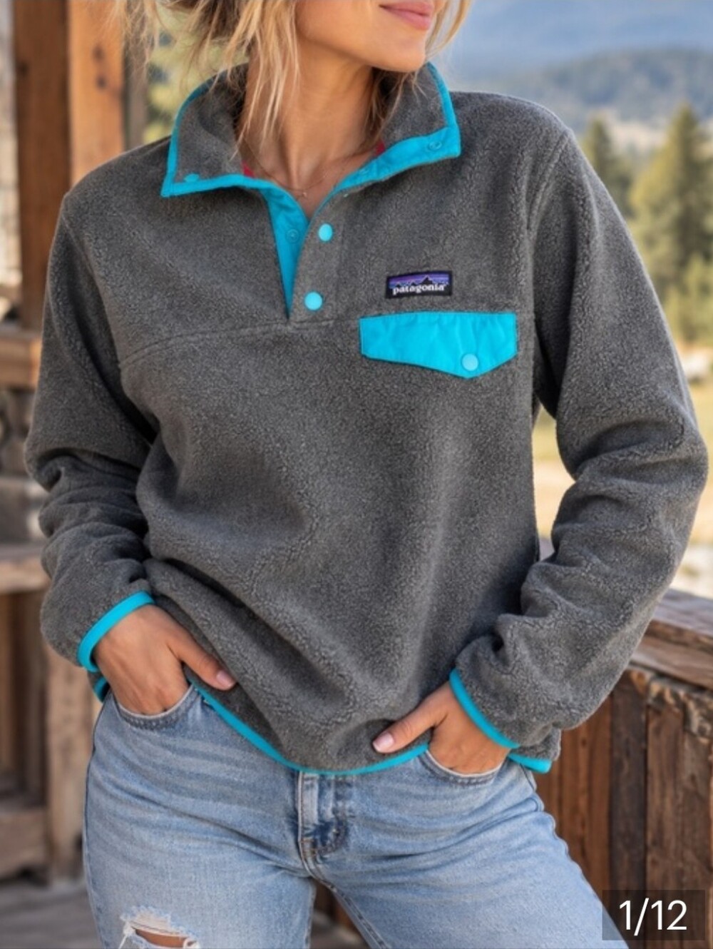 Patagonia Gray Turquoise Synchilla Snap-T Fleece Pullover Women’s Sz Large